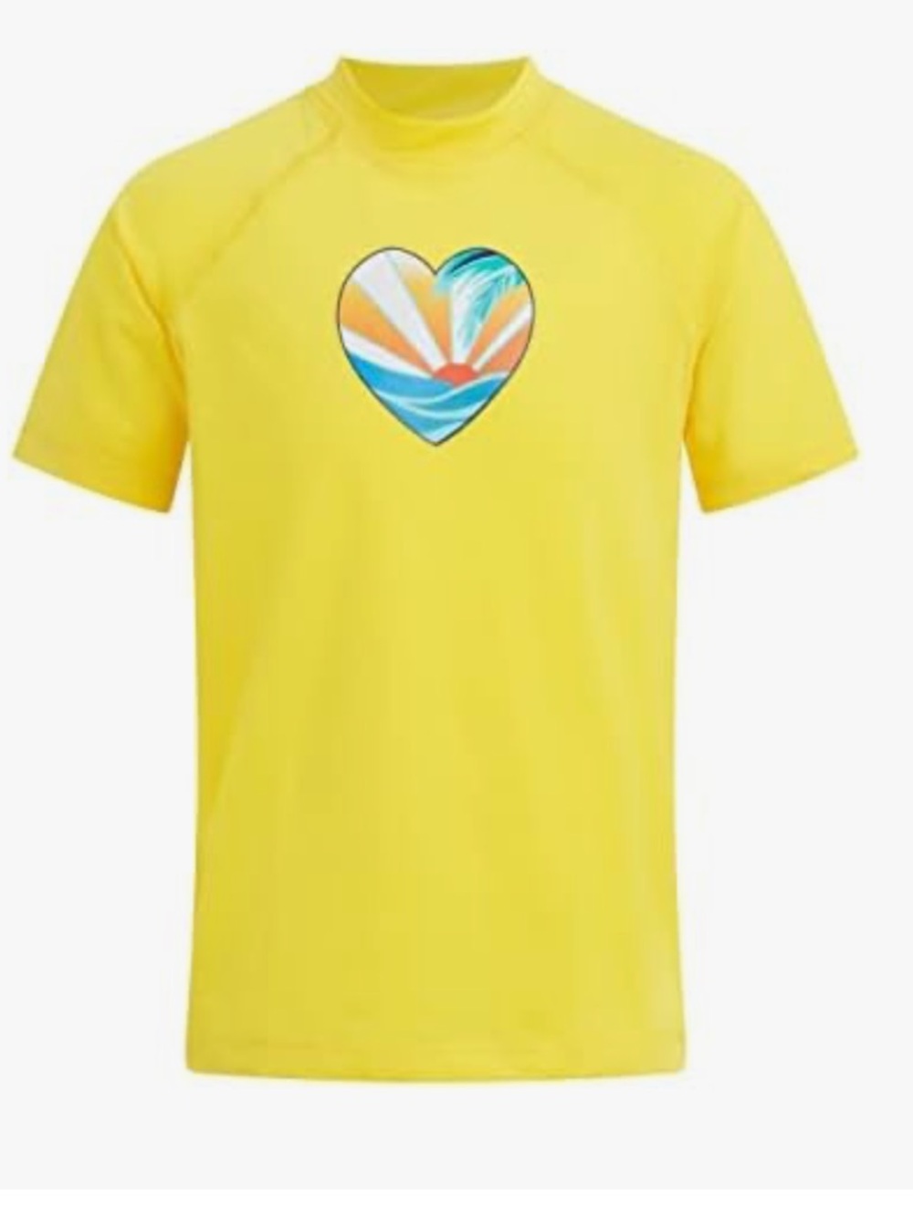 Kanu Surf Yellow Short-Sleeve Kids Rashguard with Heart Beach Graphic